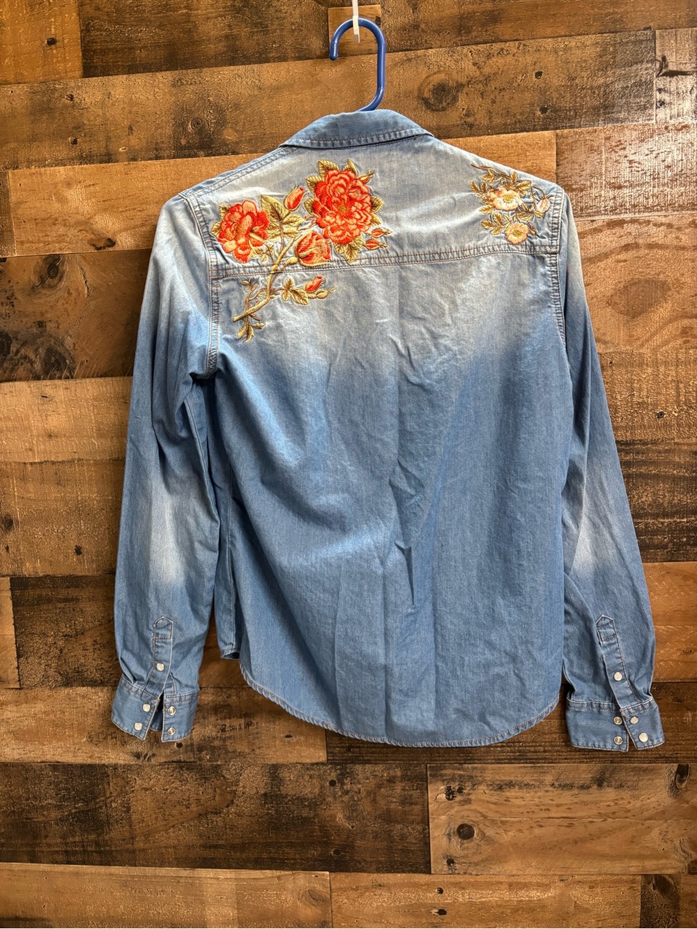 Grace Light Blue Denim Shirt with Orange Floral Embroidery EUC Size Small - Picture 9 of 13